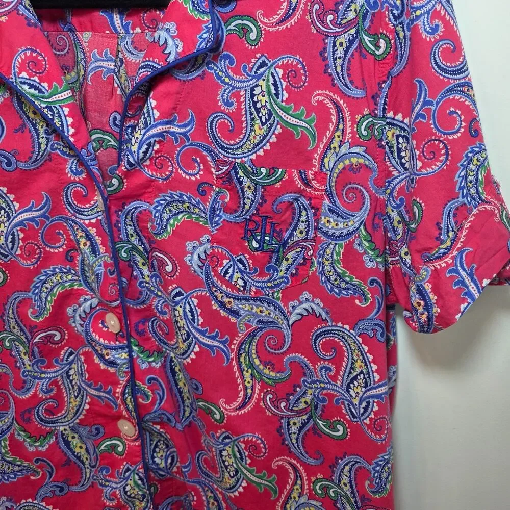 Lauren Ralph Lauren Womens Pajama Top XL Pink Paisley Button Down Shirt Logo
